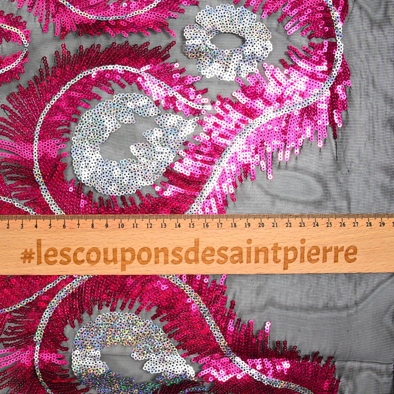 Tulle sequin plumes royales argent holographique et fuchsia