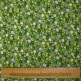 Coton imprimé prairie en fleurs anis fond vert foncé