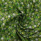 Coton imprimé prairie en fleurs anis fond vert foncé