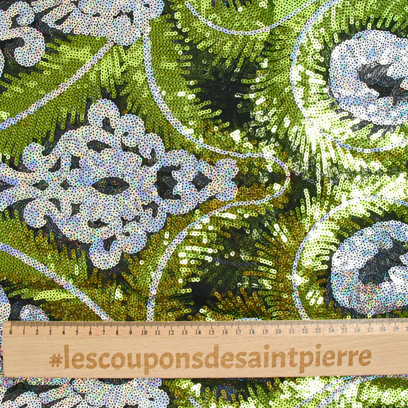 Tulle sequin plumes royales argent holographique et vert