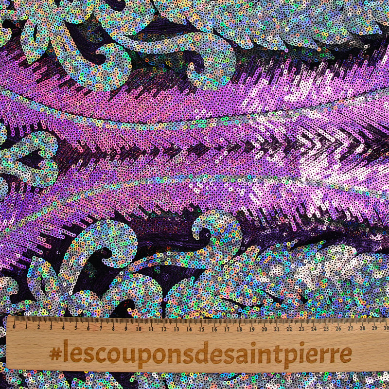 Tulle sequin plumes royales argent holographique et parme