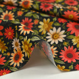Cotton printed field of daisies black background