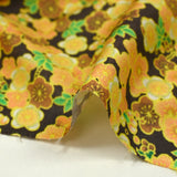 Coton imprimé fleurs de cerisier jaune fond marron