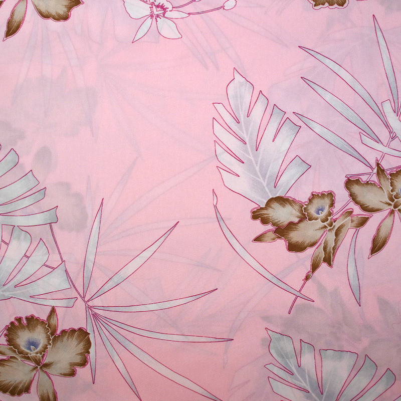 Satin polyester fin imprimé Hawaii fond rose