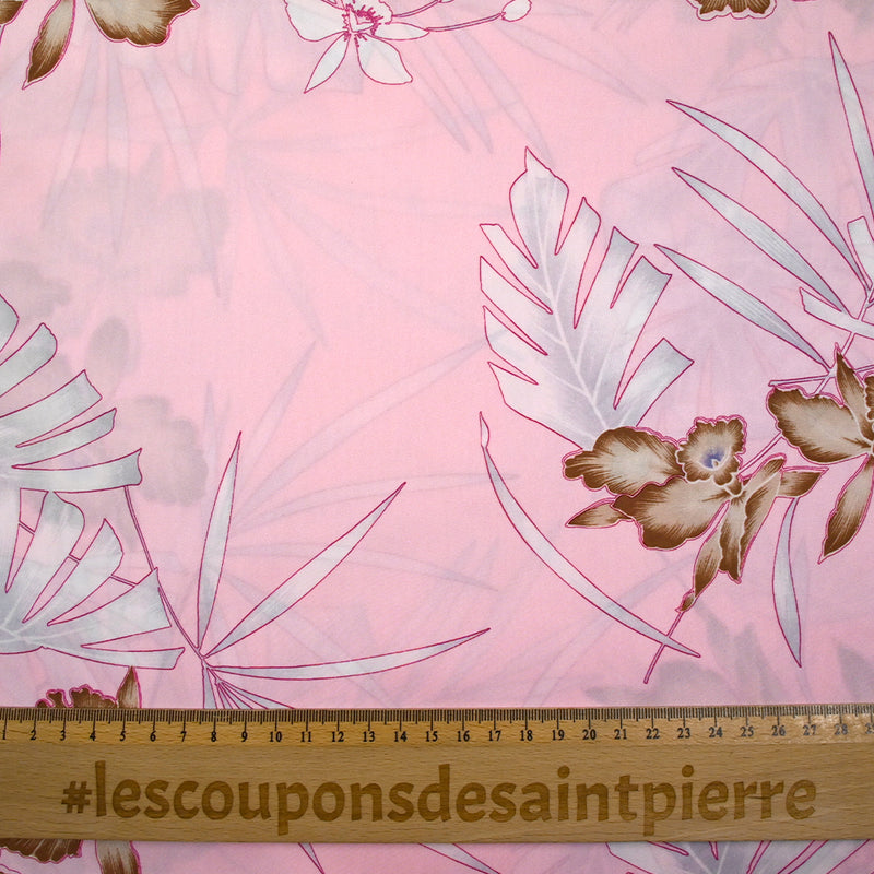 Satin polyester fin imprimé Hawaii fond rose