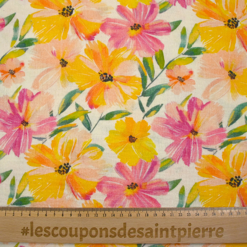 Double gaze imprimée fleurs jaunes et roses fond blanc cassé