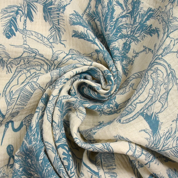 Double gaze imprimée toile de Jouy jungle bleu fond écru