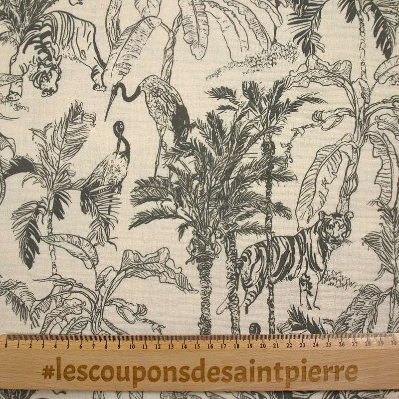 Double gaze imprimée toile de Jouy jungle gris fond écru