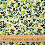 Maille crêpe imprimée jardin botanique vert fond écru