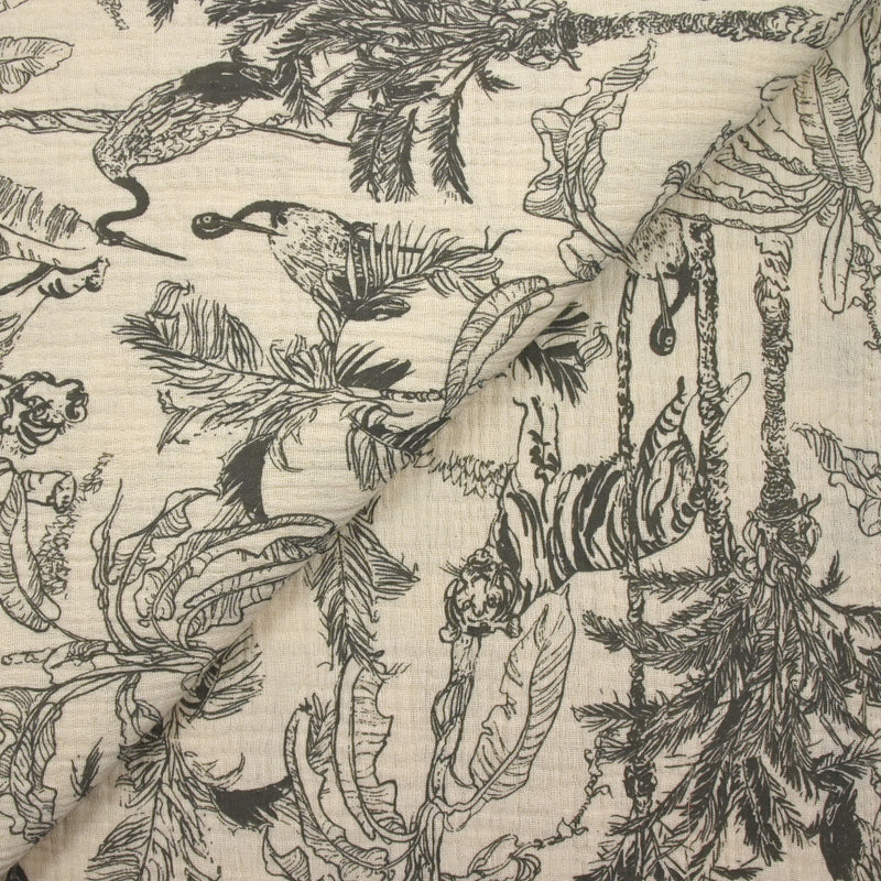 Double gaze imprimée toile de Jouy jungle gris fond écru