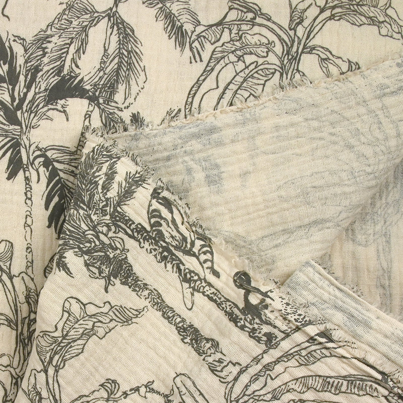 Double gaze imprimée toile de Jouy jungle gris fond écru