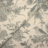 Double gaze imprimée toile de Jouy oiseaux gris fond écru