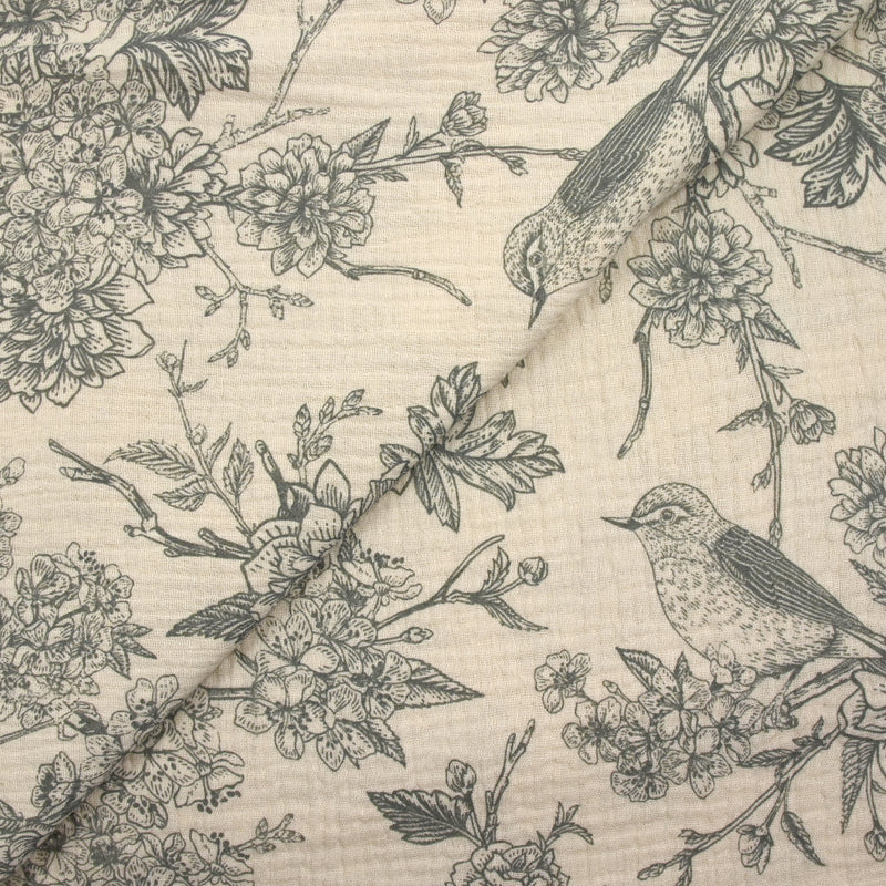 Double gaze imprimée toile de Jouy oiseaux gris fond écru