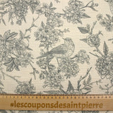 Double gaze imprimée toile de Jouy oiseaux gris fond écru