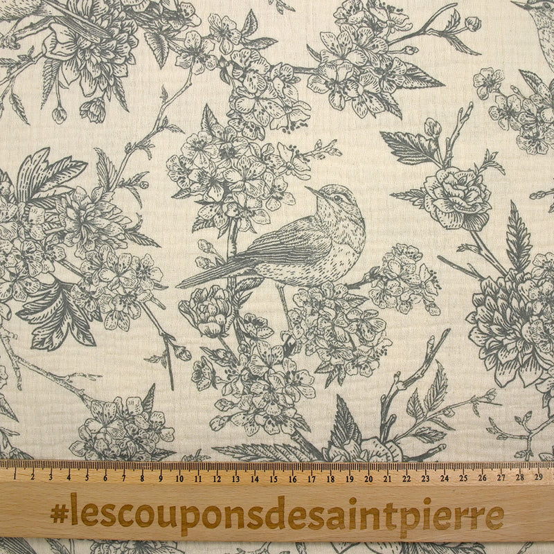Double gaze imprimée toile de Jouy oiseaux gris fond écru