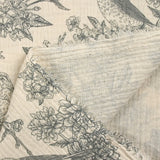Double gaze imprimée toile de Jouy oiseaux gris fond écru