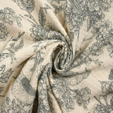 Double gaze imprimée toile de Jouy oiseaux gris fond écru
