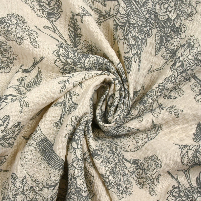 Double gaze imprimée toile de Jouy oiseaux gris fond écru
