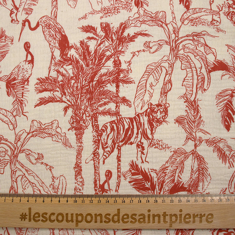 Double gaze imprimée toile de Jouy jungle rouge fond écru
