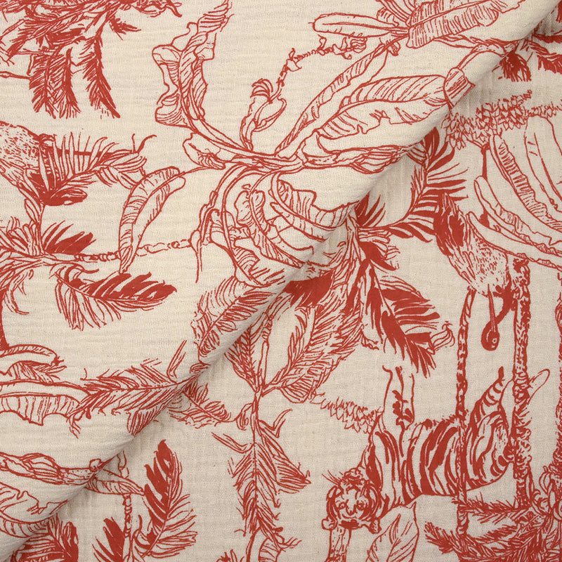 Double gaze imprimée toile de Jouy jungle rouge fond écru