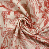 Double gaze imprimée toile de Jouy jungle rouge fond écru