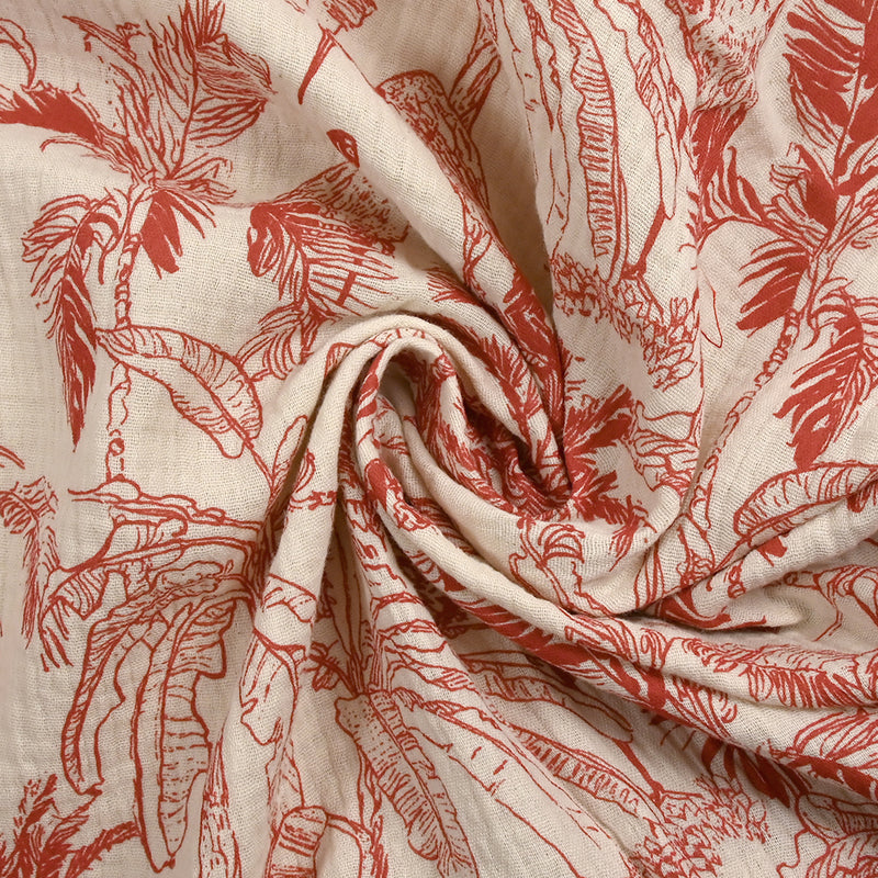 Double gaze imprimée toile de Jouy jungle rouge fond écru