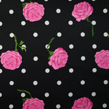 Satin duchesse imprimé roses et pois fond noir