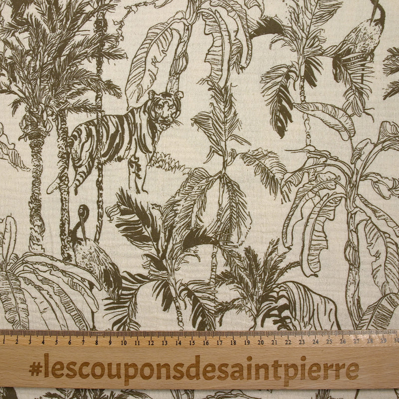 Double gaze imprimée toile de Jouy jungle taupe fond écru