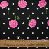 Satin duchesse imprimé roses et pois fond noir