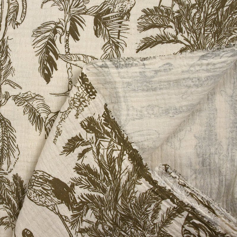 Double gaze imprimée toile de Jouy jungle taupe fond écru