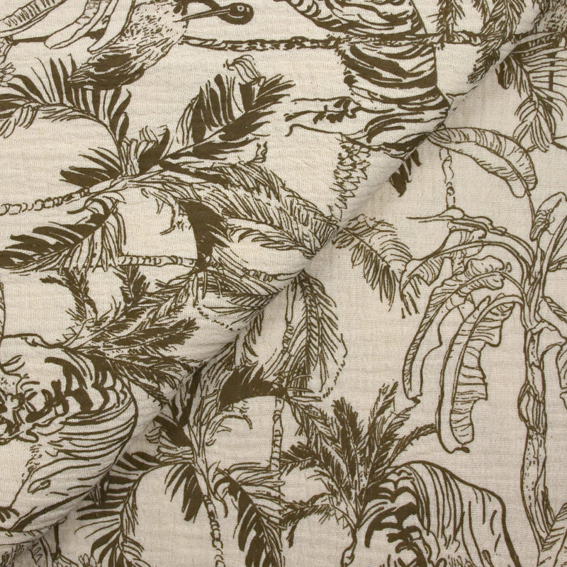 Double gaze imprimée toile de Jouy jungle taupe fond écru