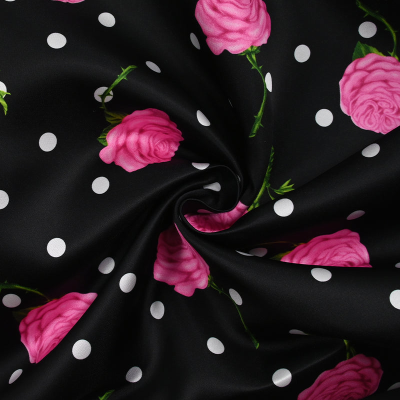 Satin duchesse imprimé roses et pois fond noir