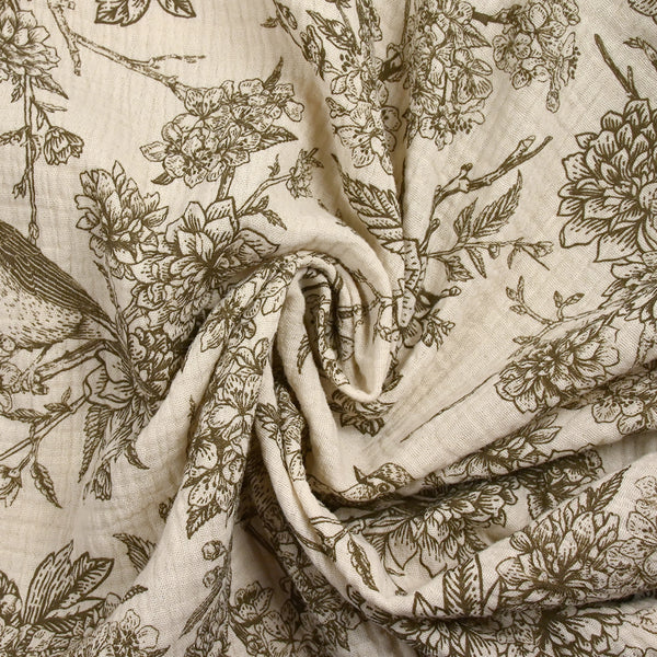 Double gaze imprimée toile de Jouy oiseaux taupe fond écru