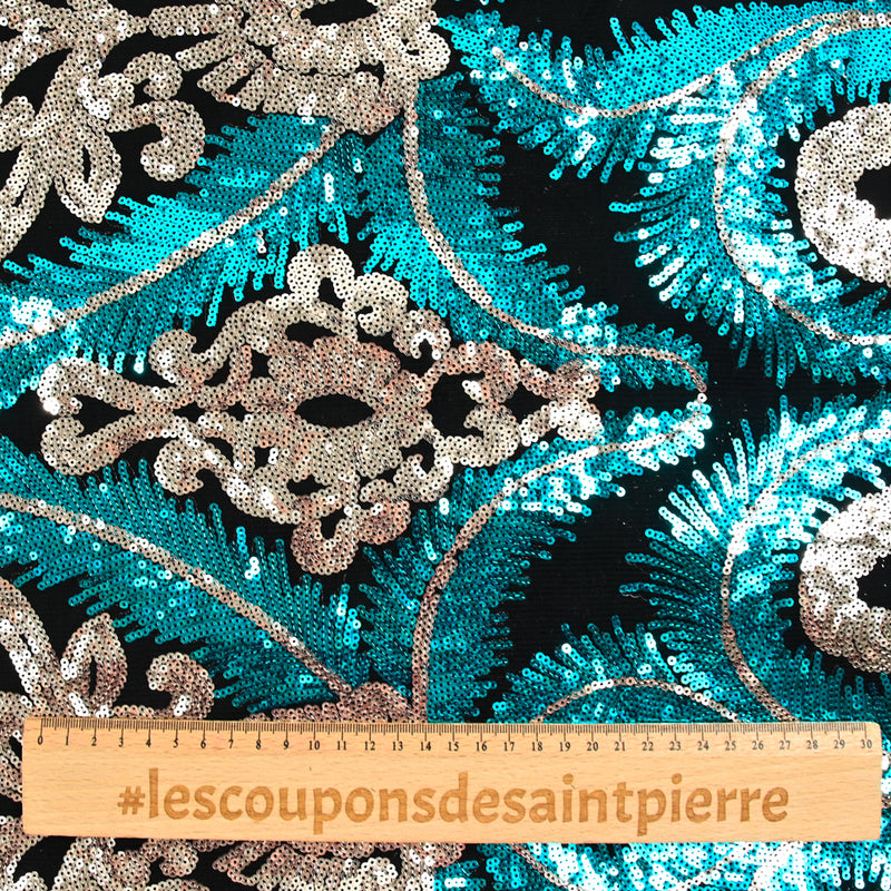 Maille sequin plumes royales argent et turquoise