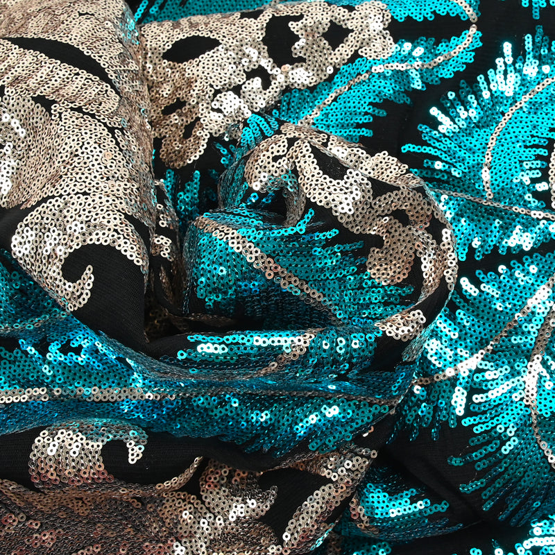 Maille sequin plumes royales argent et turquoise