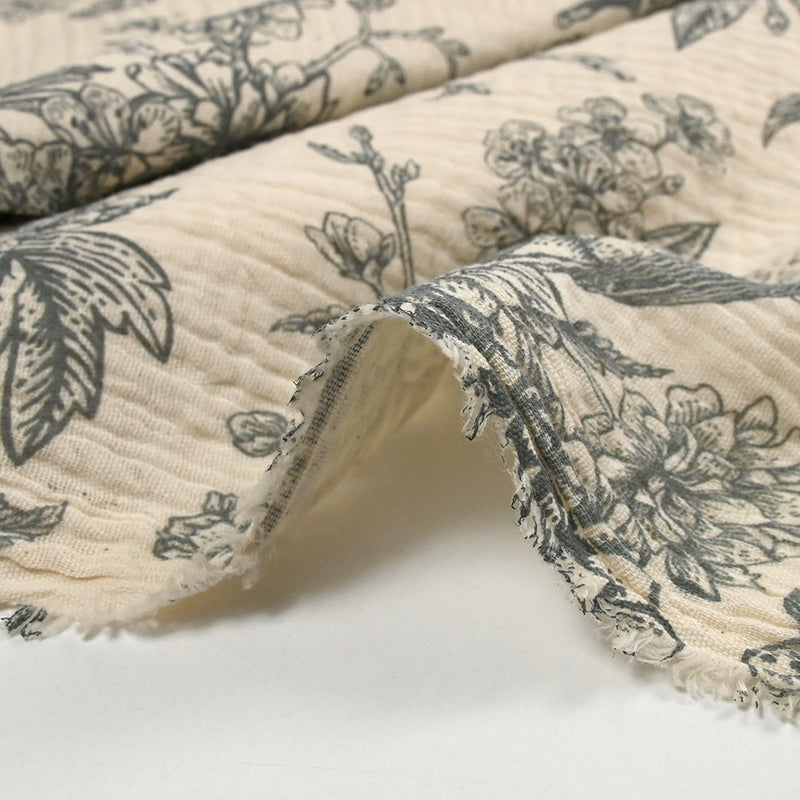 Double gaze imprimée toile de Jouy oiseaux gris fond écru