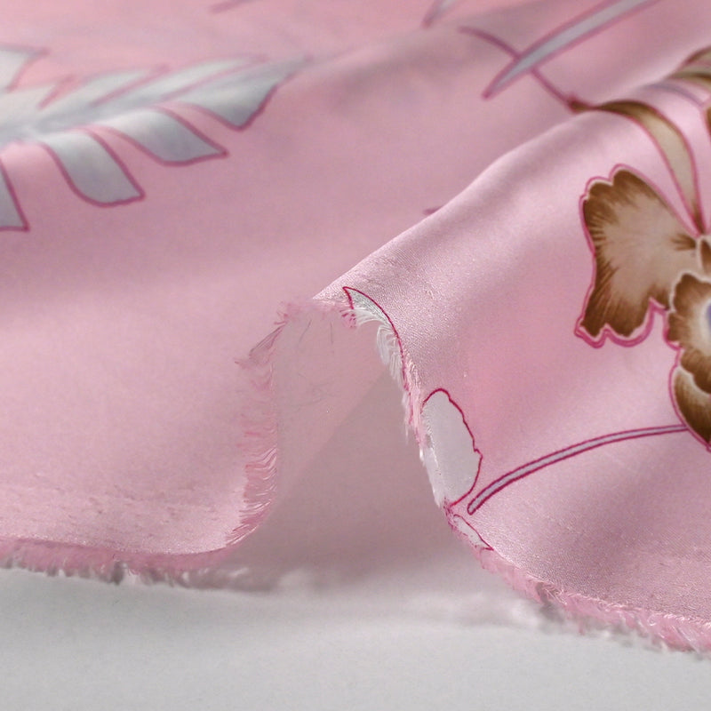 Satin polyester fin imprimé Hawaii fond rose