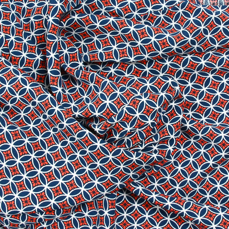 Printed viscose white, navy and red circle