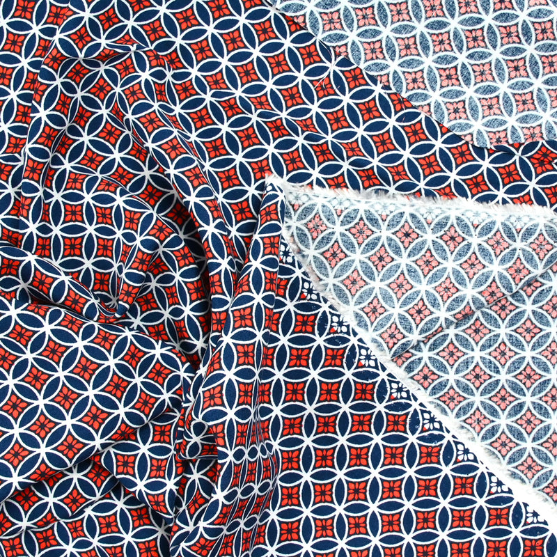 Printed viscose white, navy and red circle