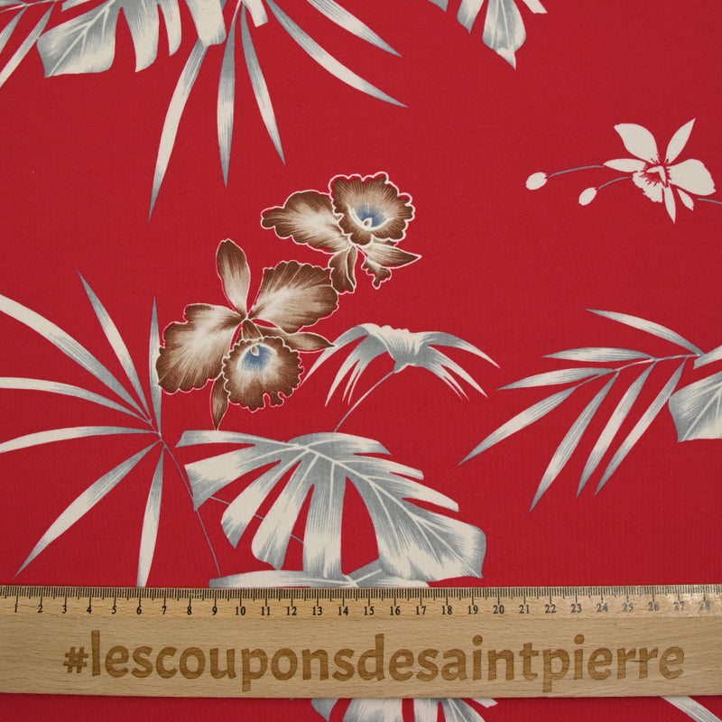 Scuba imprimé Hawaii fond rouge fraise