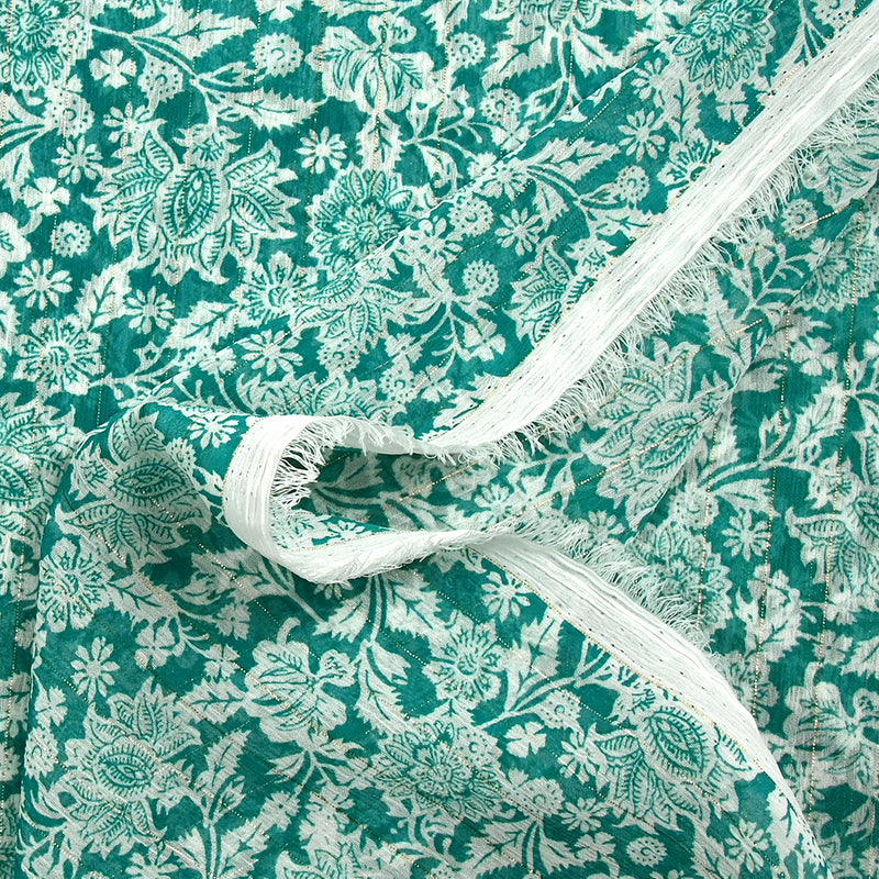 Mousseline imprimée crinkle lurex sérendipité fond turquoise