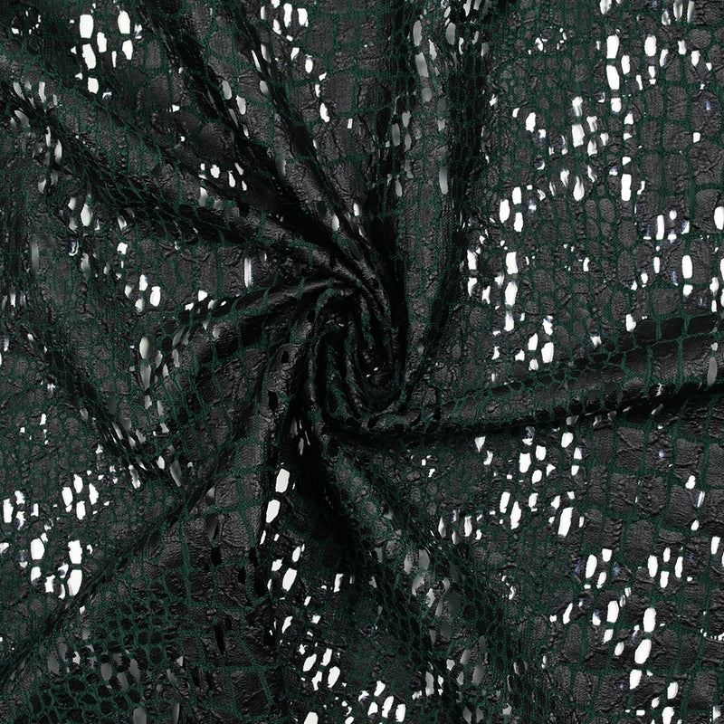 Maille dentelle ajourée impression reptile fond vert foncé