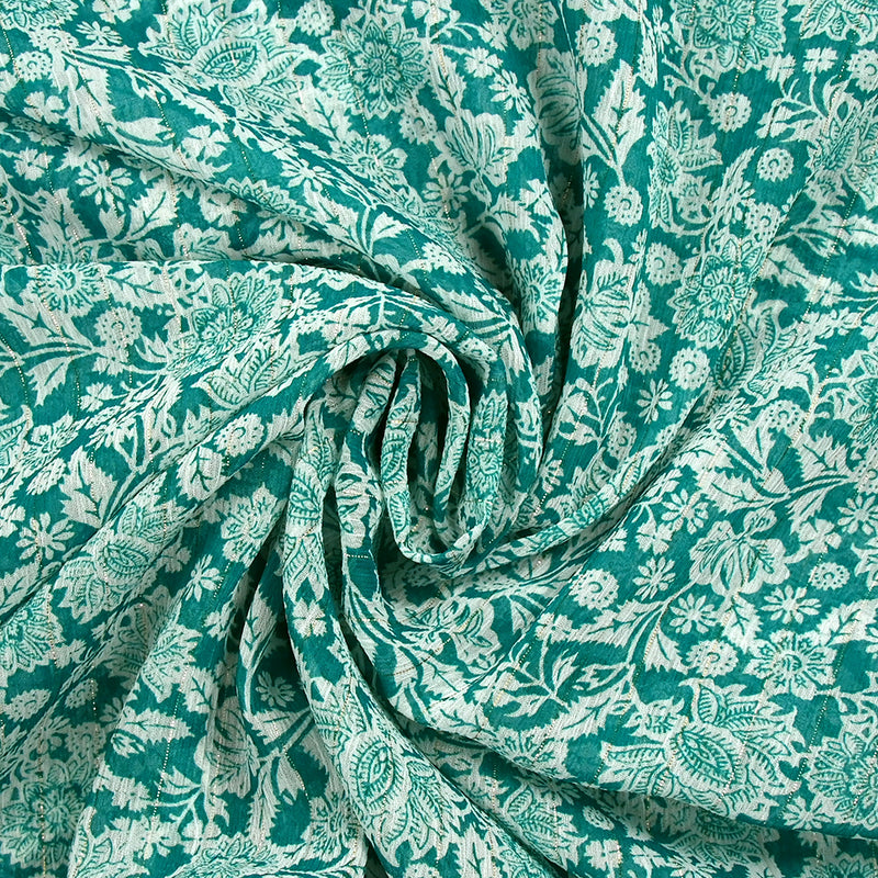 Mousseline imprimée crinkle lurex sérendipité fond turquoise