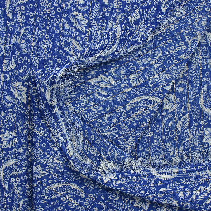 Mousseline imprimée crinkle lurex nature en fleurs fond bleu roi