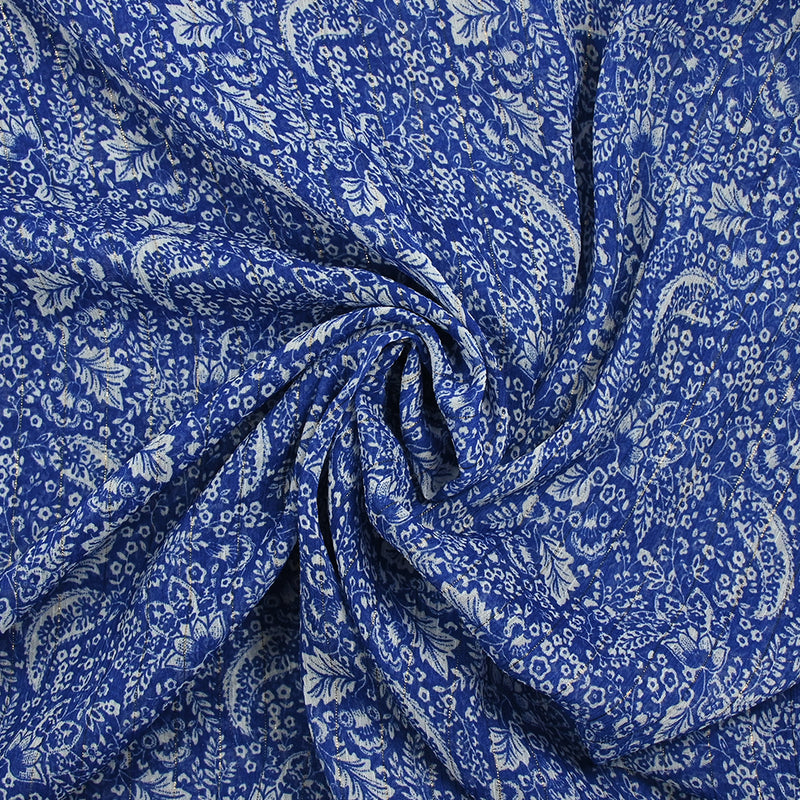 Mousseline imprimée crinkle lurex nature en fleurs fond bleu roi