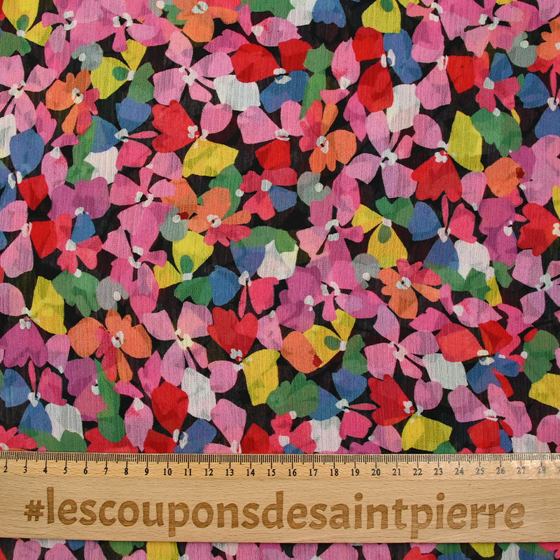 Mousseline imprimée crinkle fiesta florale fond noir