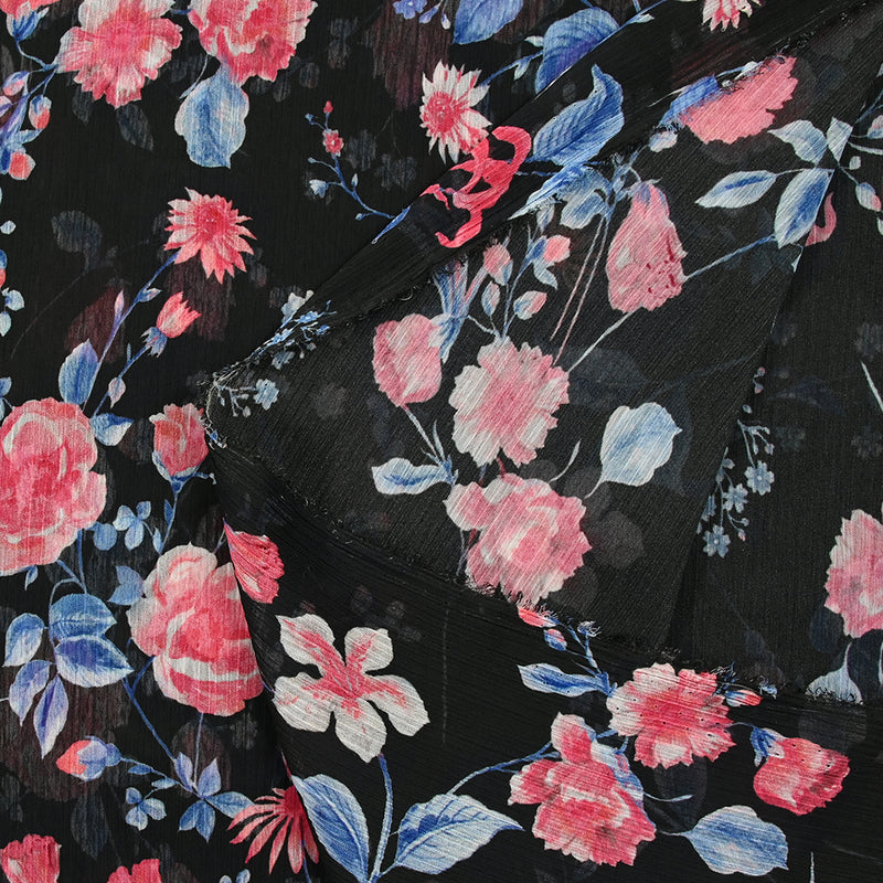 Mousseline imprimée crinkle le temps des roses fond noir