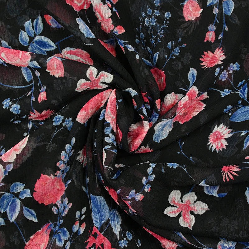 Mousseline imprimée crinkle le temps des roses fond noir
