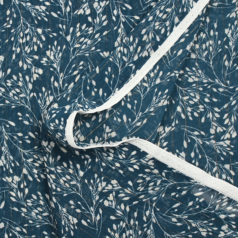 Mousseline imprimée crinkle lurex branche d'arbre fond bleu foncé