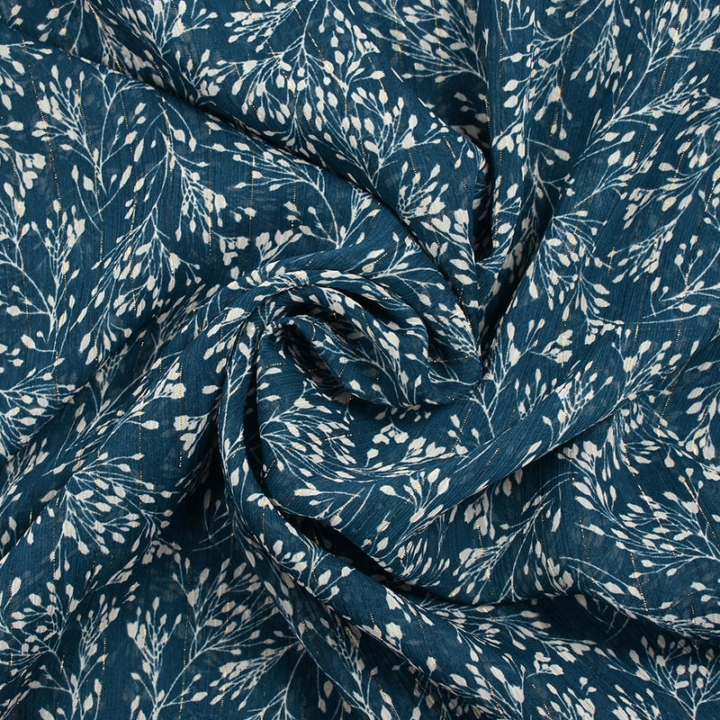 Mousseline imprimée crinkle lurex branche d'arbre fond bleu foncé
